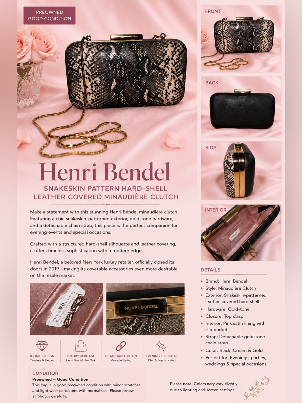 Henri Bendel clutch bag snakeskin pattern hard-shell leather covered minaudière